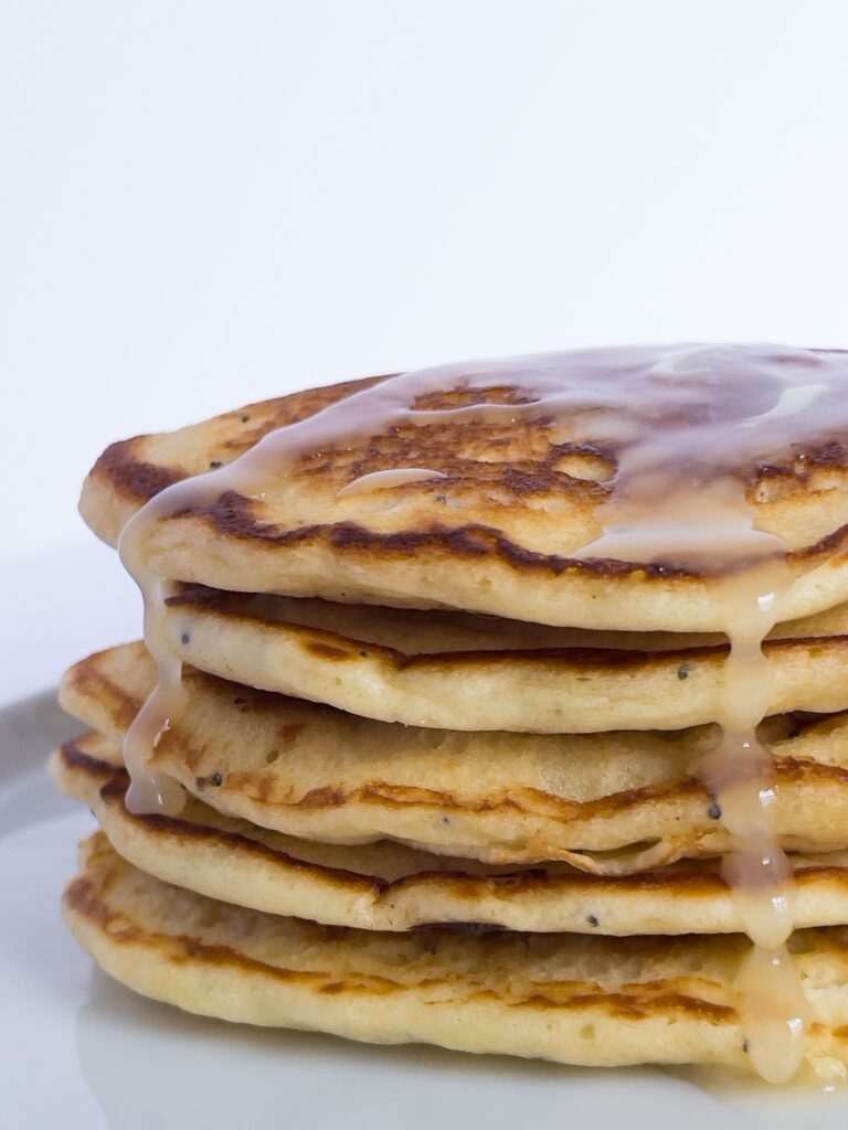 stack of lemon poppyseed pancakes